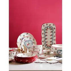 Ceramic Dinnerware Set Cherry Handpainted Printed Japan Style Porcelain Bowl Plates Under Glazed Creative Cutlery Microwave Oven