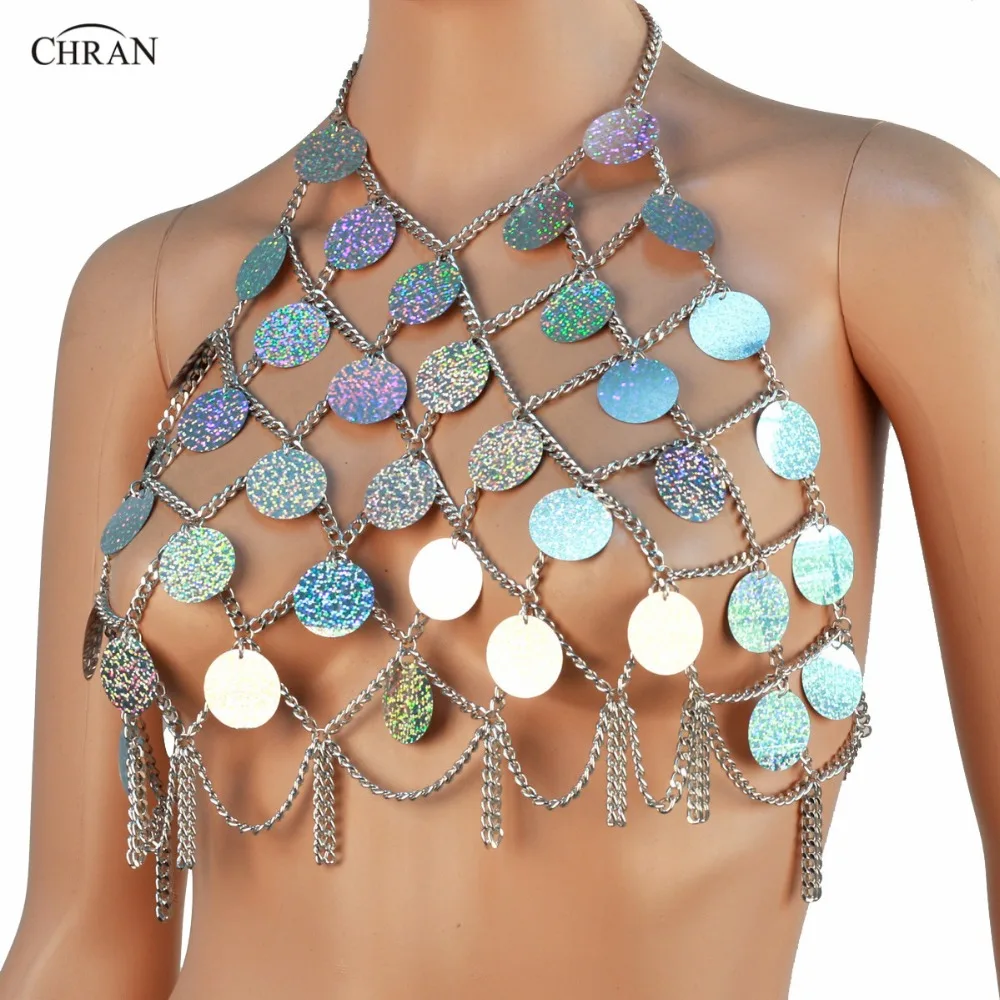 Chran Sequins Crop Top Disco Party Beach Cover Up Chain Necklace Rave Bra Bralette Lingerie Festival Costume Wear Jewelry CRM290