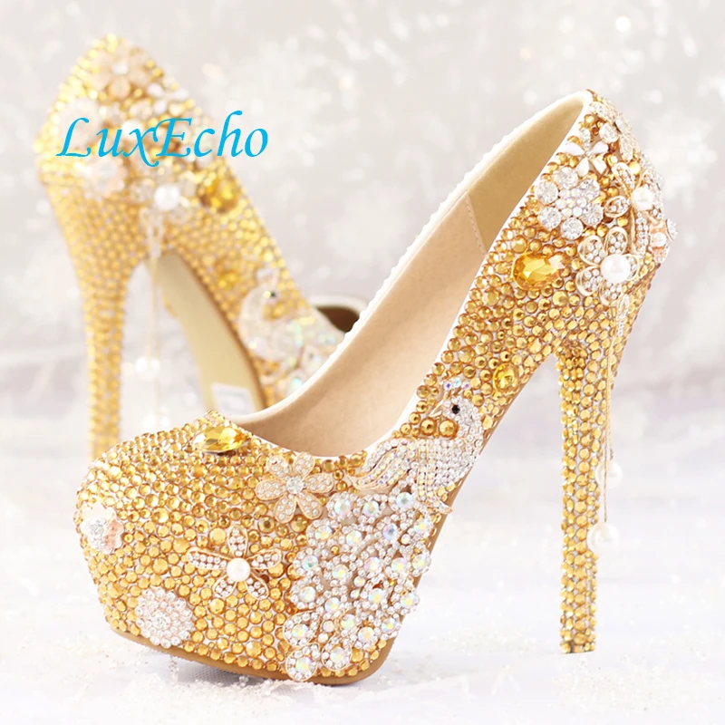 Women Wedding shoes Bride crystal peacock tassel high heels platform shoes woman Fucshia comfortable formal dress wedding shoes