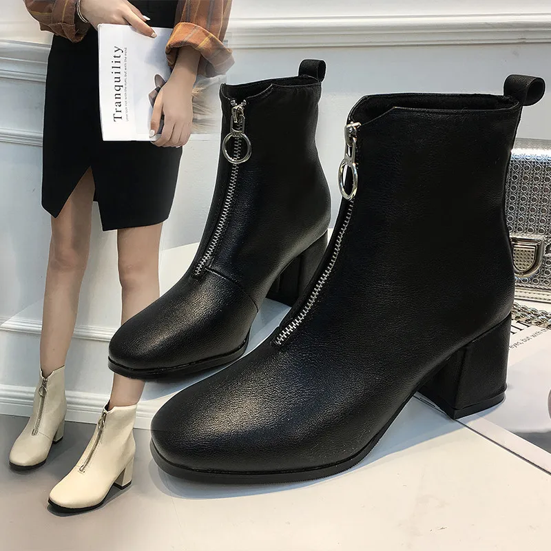 

2021 Spring Autumn Women New Fashion Round Head Front Zipper Low Heel Boots Black Shoes Waterproof Shoes ghn89