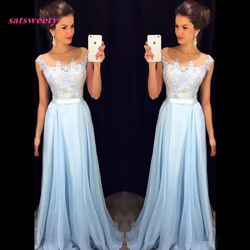 

Bridesmaid Dresses Elegant Light Sky Blue Sheer Neck Cap Sleeves Appliqued Chiffon Floor Length Modest Prom Dresses