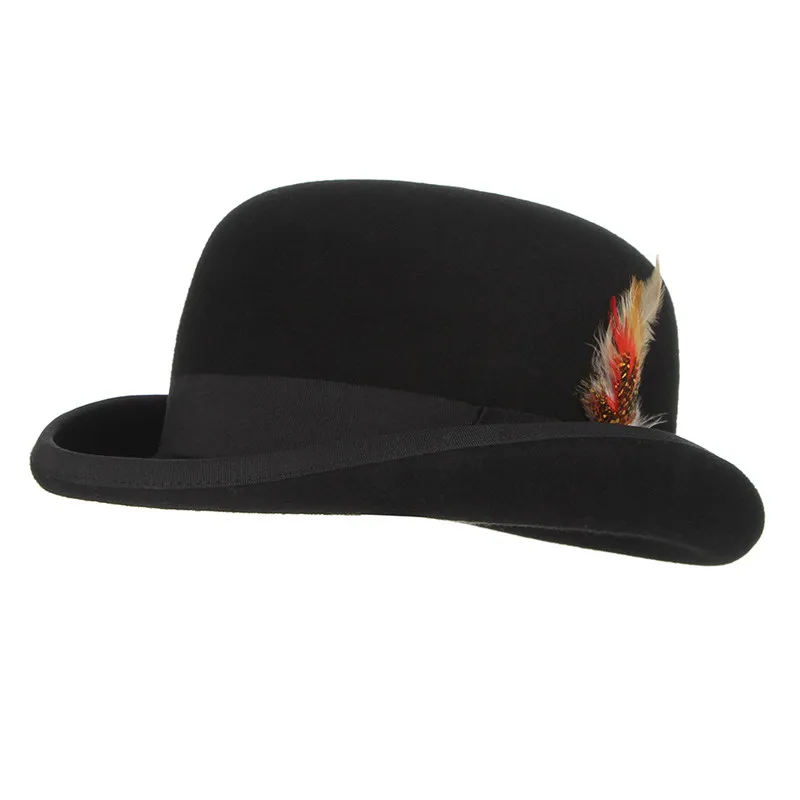 GEMVIE 4 Sizes 100% Wool Felt Black Derby Bowler Hat For Men Women Feather Satin Lining Casual Formal Fedora