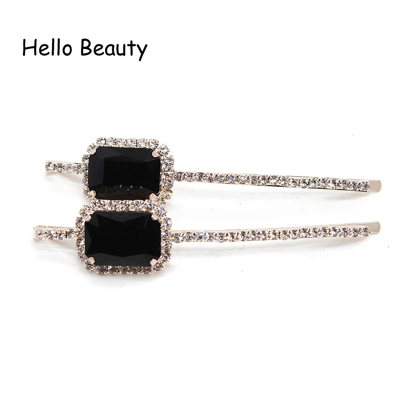 1 Pair Elegant Korean Fashion Hair Accessories Luxury Navy Stone Crystal Barrette Rhinestone Hair Clip Slide For Women Girls