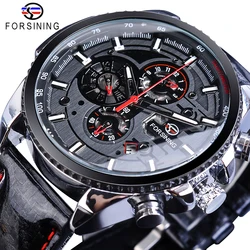 Forsining-Reloj de pulsera deportivo para hombre, accesorio masculino de pulsera resistente al agua con mecanismo automático de viento, 3 esferas, con fecha y cuero brillante, ideal para negocios