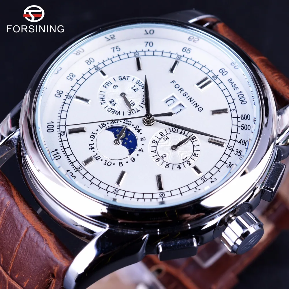 Forsining Moonphase Calendar Display Brown Leather ShangHai High Grade Automatic Movement Mens Watches Top Brand Luxury Watches