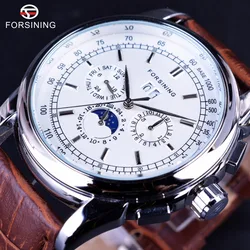 Forsining Moonphase Visualizzazione del Calendario In Pelle Marrone ShangHai di Alta Qualità Movimento Automatico Mens Orologi di Marca Top Orologi Di Lusso