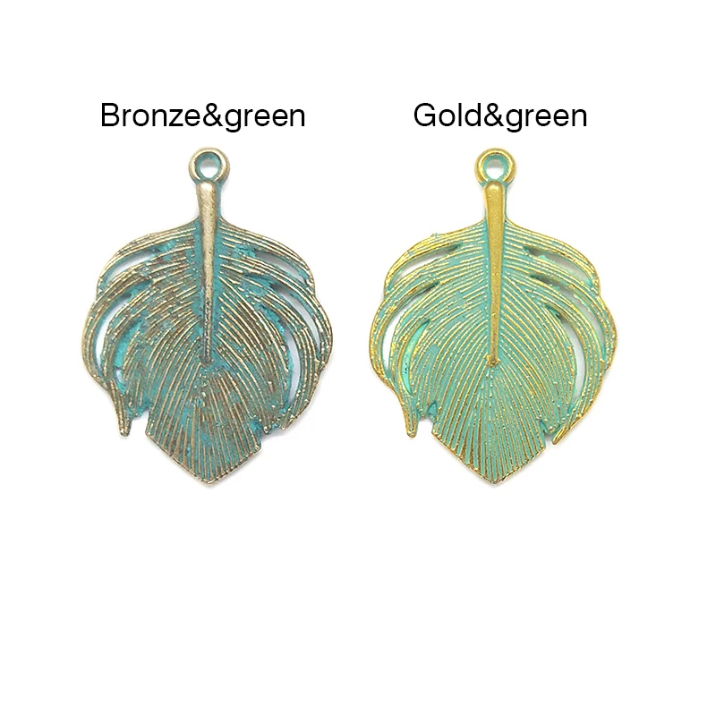 10pcs/bag 33MM Retro Patina Plated Zinc Alloy Green Peacock Feather Charms Pendants For DIY Jewelry Accessories PJ014