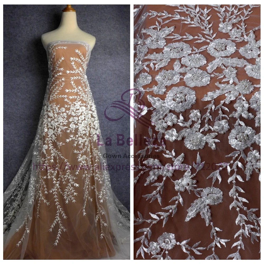 

La Belleza New ivory/gray handmade beaded lace fabric evening /bride/bridal/party dress lace fabric by yard 47'' width FXSTR120