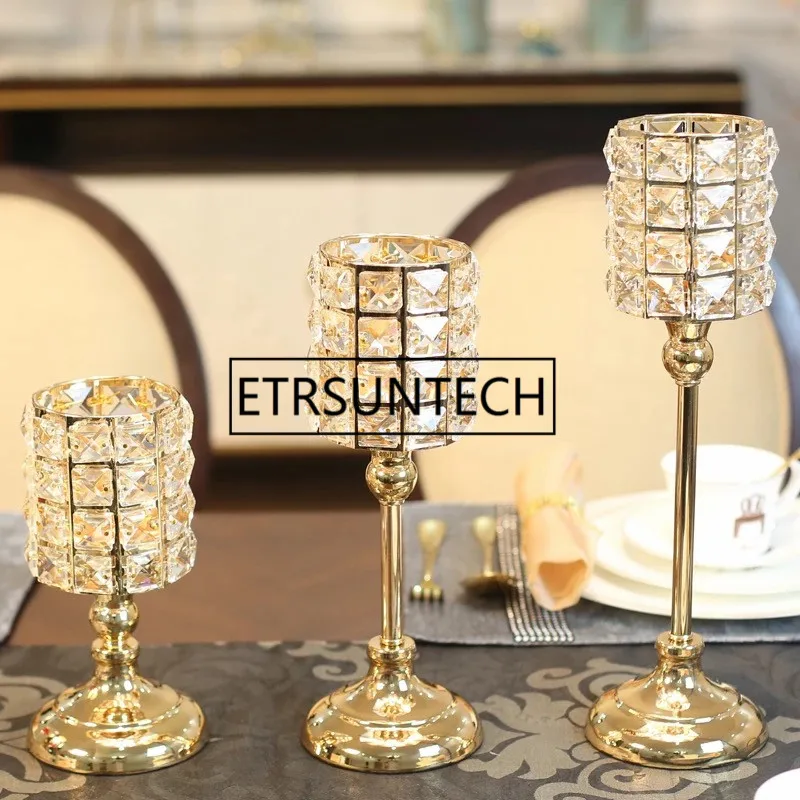 3pcs/set  Metal Golden Single Candle Crystals Holder Wedding Candelabra centerpiece home decoration candlesticks