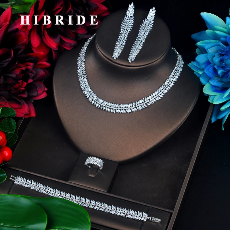 

HIBRIDE Sparkling Full Cubic Zircon Jewelry Set Leaf Shape Long Tassel Dangle Brincos Necklace Set Dress Accessories N-638