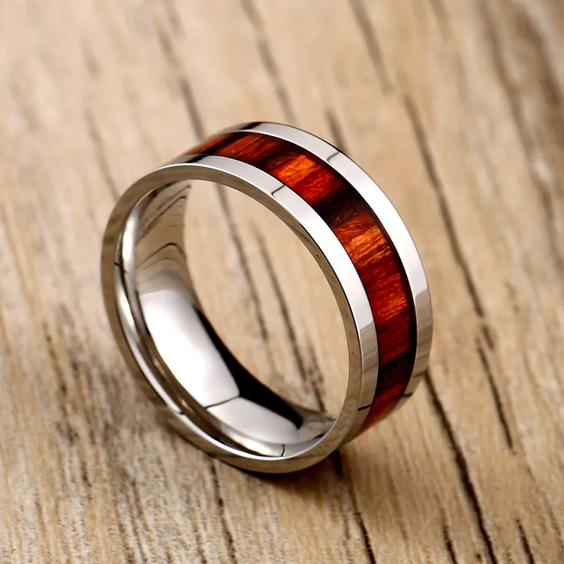316L Stainless Red Woodiness For Man Titanium Steel High Polished Man\'s Fashion Ring BR-R087