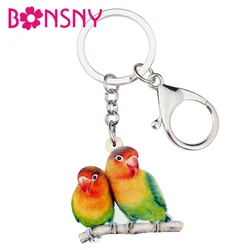 Bonsny Acrylic Africa Fischer's Lovebird Parrot Bird Key Chain Keychains Ring Cute Animal Jewelry For Women Girl Bag Car Pendant