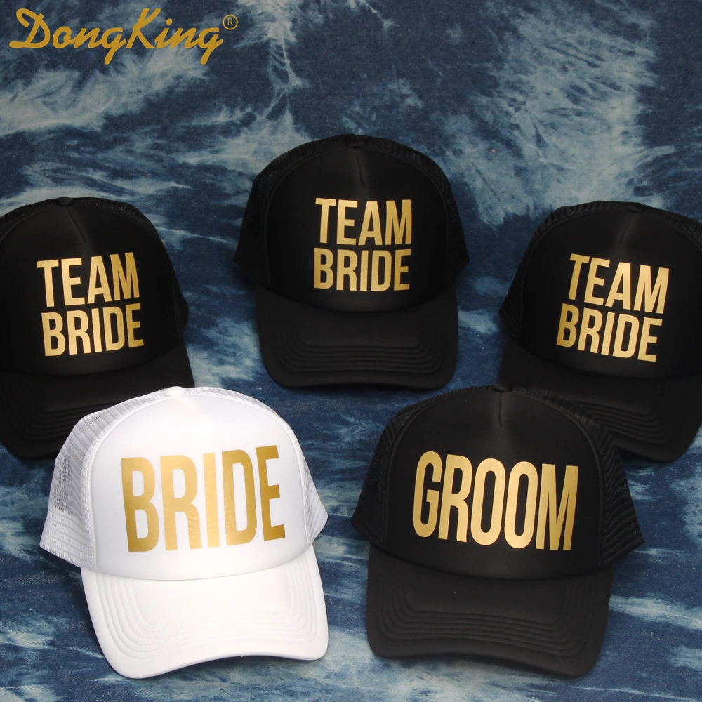 DongKing GROOM BRIDE SQUAD MOH Golden Print Bachelorette Hats Wedding Prepare Wear Trucker Caps TEAM BRIDE Hat Bridal Party Gift