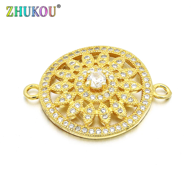 21mm  Brass Cubic Zirconia Flower Charms Connector for DIY Jewelry Bracelet Necklace Making, Model: VS10
