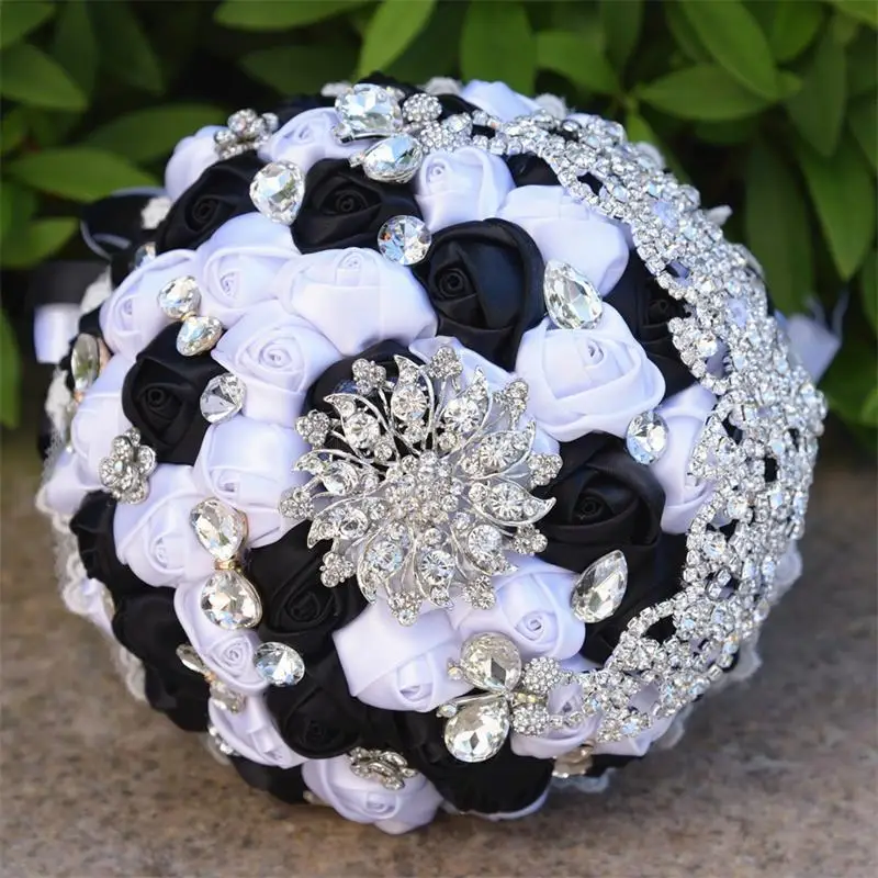 High Quality Wedding Bouquet Bridesmaids Flowers in White Black color Bling Rhinestone Bridal Flowers Party Home Accessories