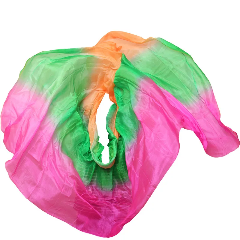 high quality 100% Silk 1pc dance veils handmade natural silk belly dance veil rose+green+orange 250*114 cm dance accessories