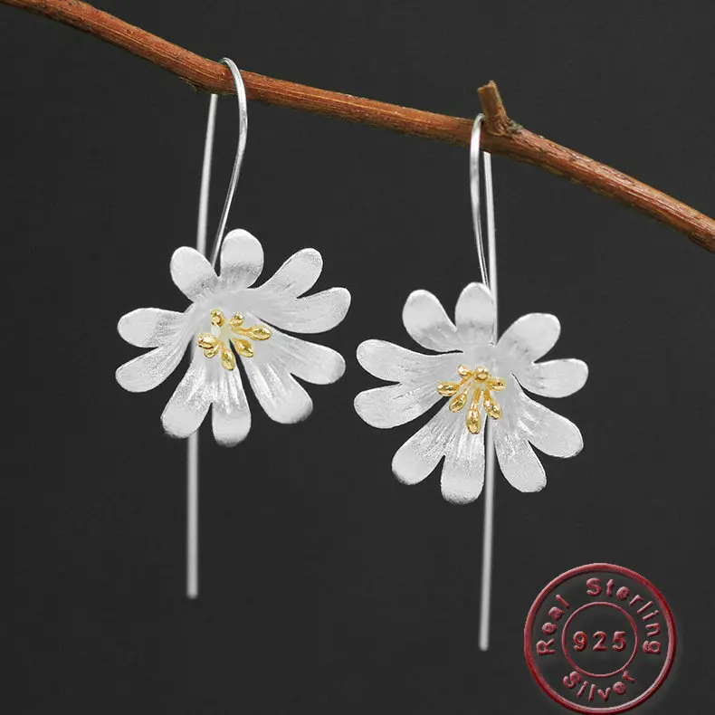 Amxiu Handmade Jewelry 100% 925 Silver Two Tones Color Flower Drop Earrings For Girls Sisters Friends Graduation Birthday Gifts