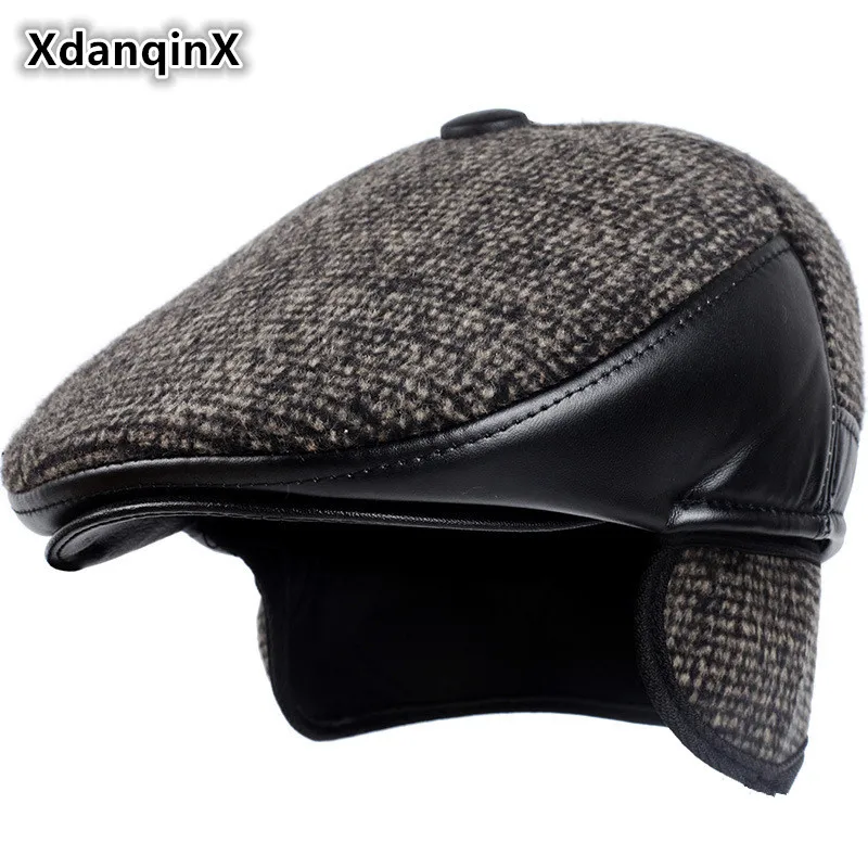 XdanqinX 2024 Winter New Men\'s Hat Woolen Thick Warm Berets With Earmuffs Male Bone Dad\'s Hat Trucker Winter Plush Fluff Hats