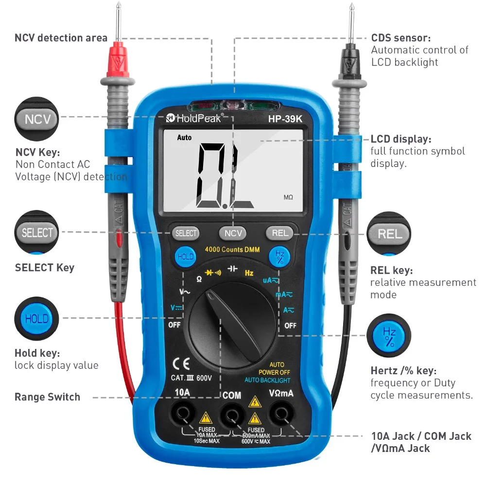 Multimeter HoldPeak HP-39K Auto Range Digital Avometer Universal Meter 4000 Counts With NCV, Diode Test