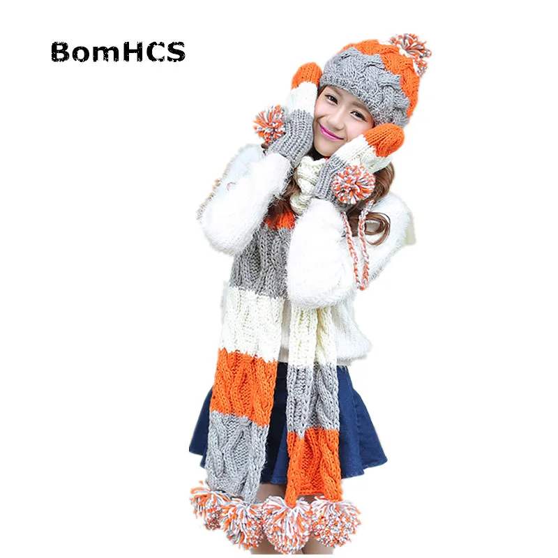 BomHCS 3pcs Gloves+ Beanie+ Scarf Suit Winter Warm Women's Knitted Fashion Hat Mittens Neckerchief Thickened Lining