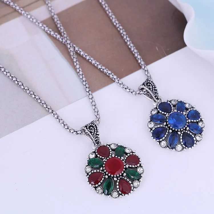 New Vintage Necklace Set Fashion Ring Earrings For Women India Jewelery Sets Red Beads Costume Jewelry Silver-Color