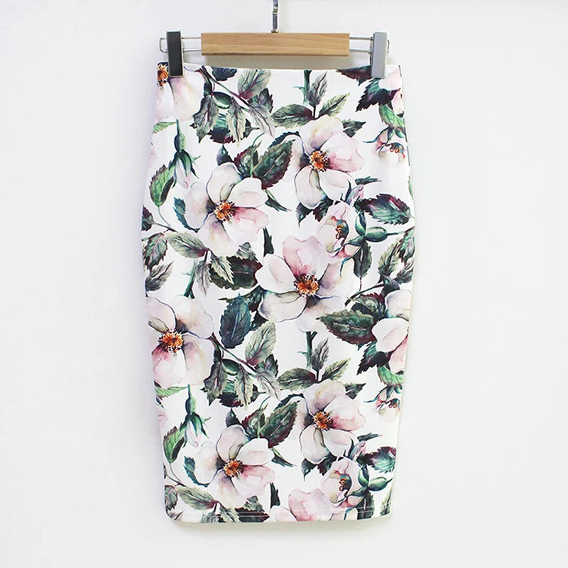 

Ladies Vintage OL Pencil Skirts Summer Women Slim Fitted Green Elegant Floral Print Bodycon Work Wear Office Lady Midi Skirt