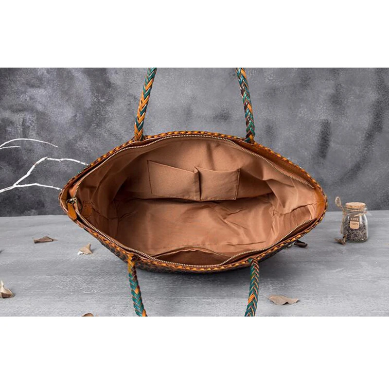 Women Leather Handbag Romantic Big Handmade Woven Totes Female Cowhide Big Holiday Bucket Bag Causal Beach Shoulder Handbags