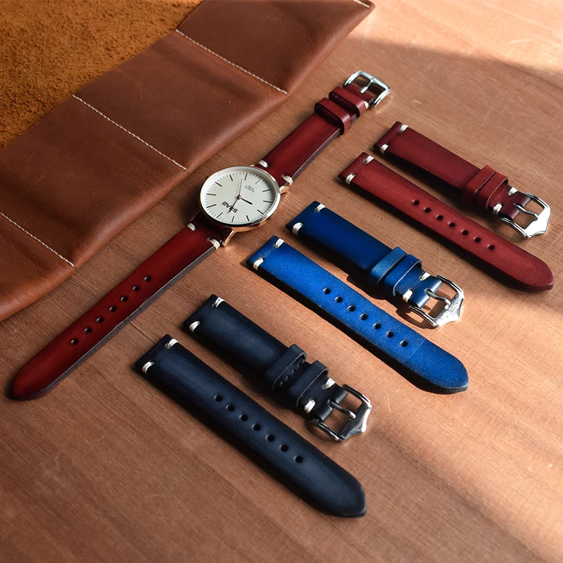 ONTHELEVEL Handmade Vintage Watchband Genuine Leather Watch Strap Red/Black/Blue Replacement Band Buckle 20mm