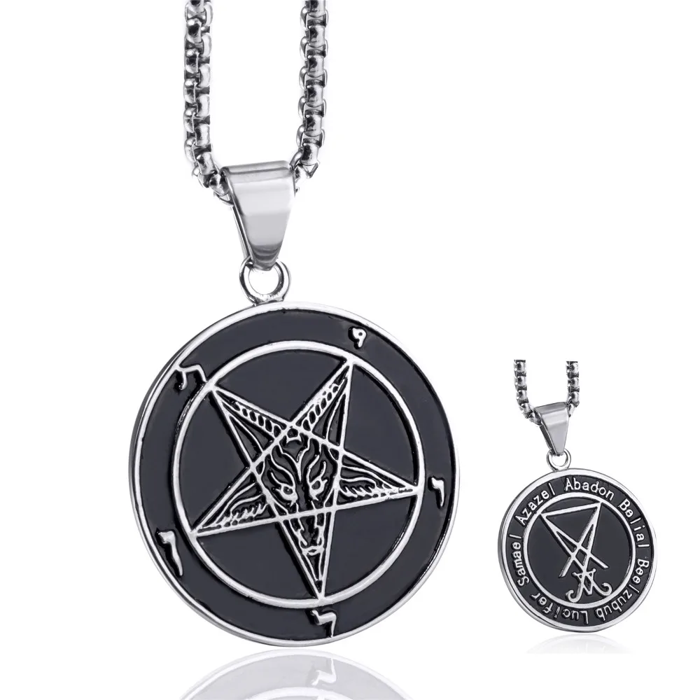 

Men Stainless Steel Pendant Necklace Seal of Satan Sigil of Lucifer Both Sided Baphomet Goat Devil Inverted Pentagram Chain