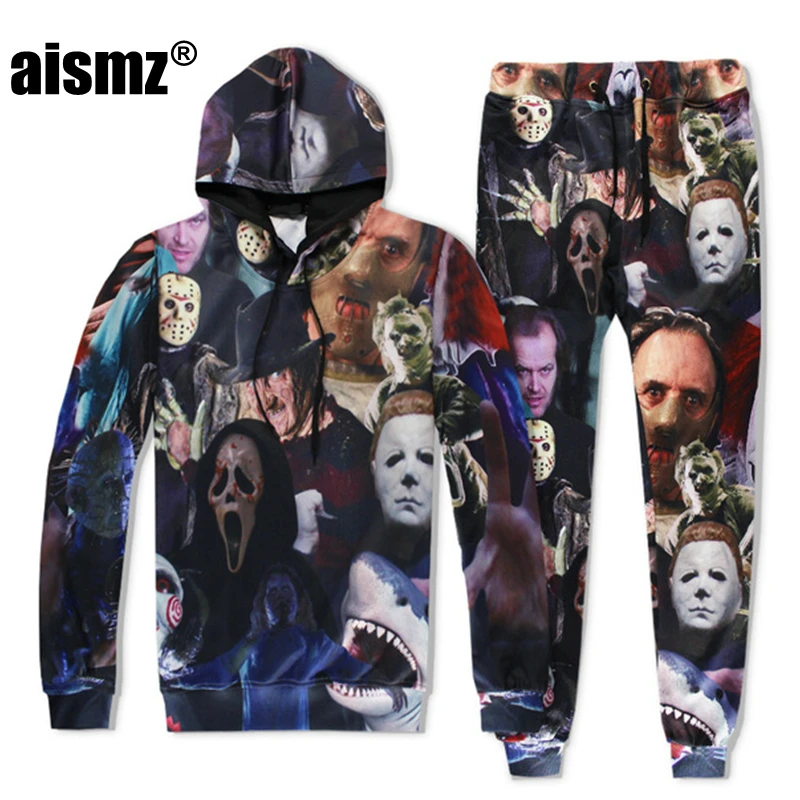 

Aismz Autumn Winter New Fashion Men Women Tracksuit Set 3D Print Horror Movie Characters Sweatshirt Hoodie +Sweatpants Pants