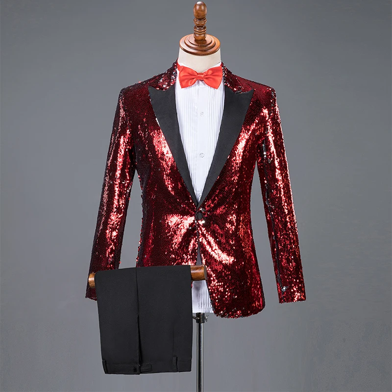 2 Piece Set Gold Black Sequins Blazers Pants Men Suits Nightclub Bar Male Singer Host Concert Suit Stage Outfit Chorus Costumes