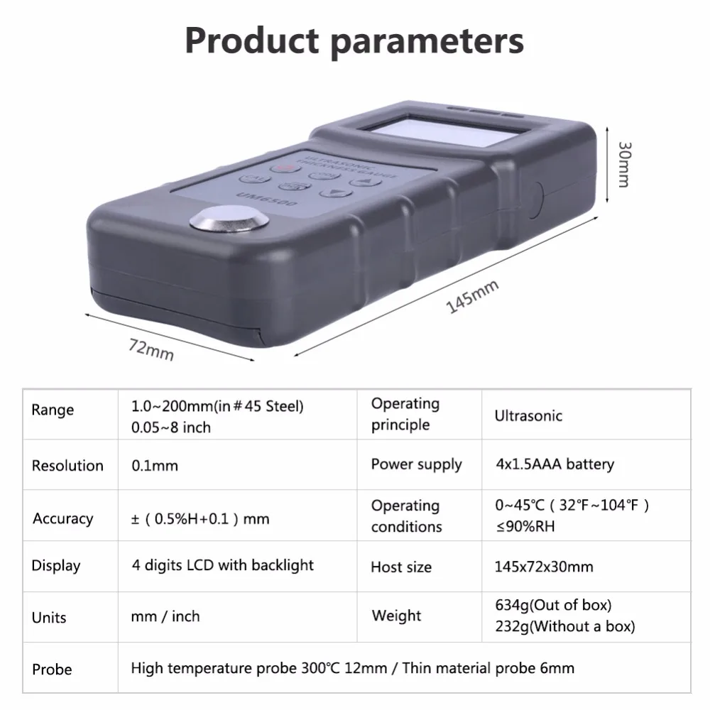 UM6500 Digitale Portatile Ad Ultrasuoni Calibro di Spessore Tester Misuratore di Spessore di Metallo 1.0-245 millimetri, 0.05-8 pollici (in Acciaio Inox) 0.1 millimetri