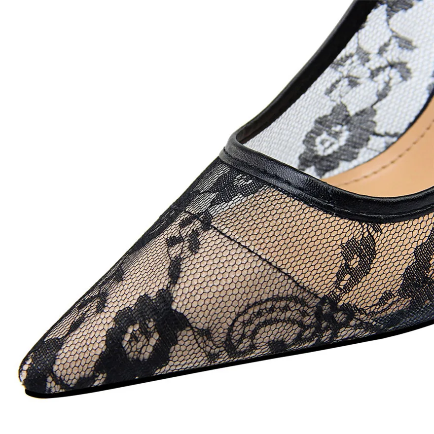 2024 Sexy Black Flower Lace Mesh Pumps Women Pointed Fashion Party Shoes Show Thin High Heels Shoes Women\'s Office Shoes Shallow