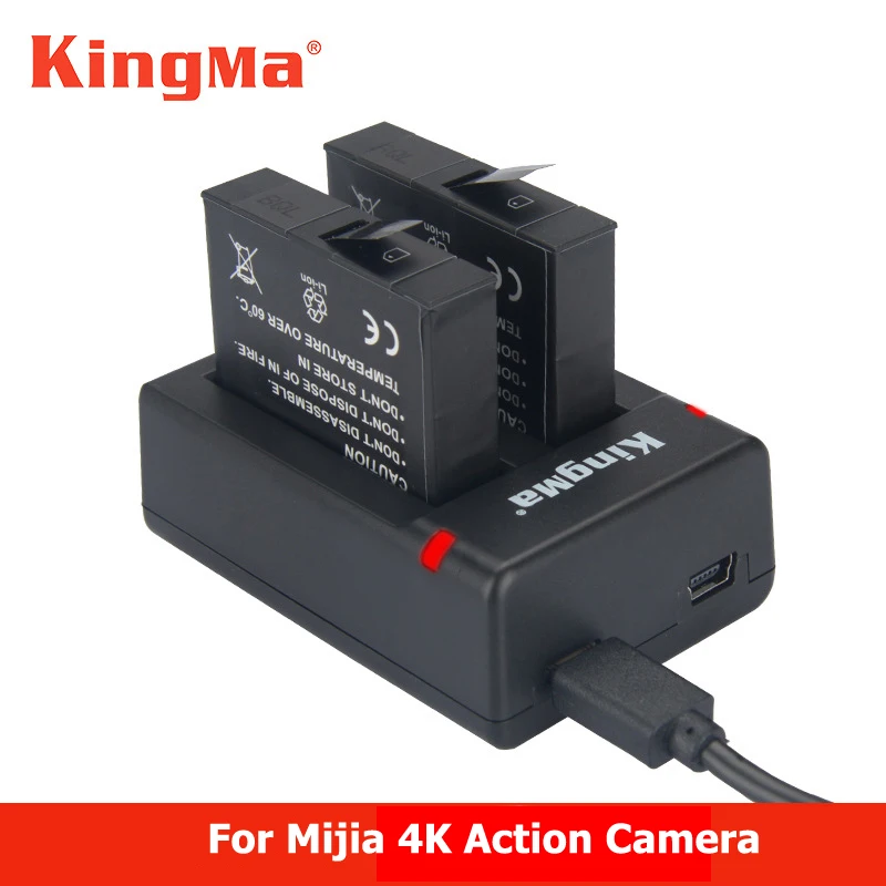 KingMa For 2pcs Xiaomi mijia 4k Battery +Dual Batteries Charger For Sport Xiao mi Mi Jia Action Mini Camera Battery Accessories