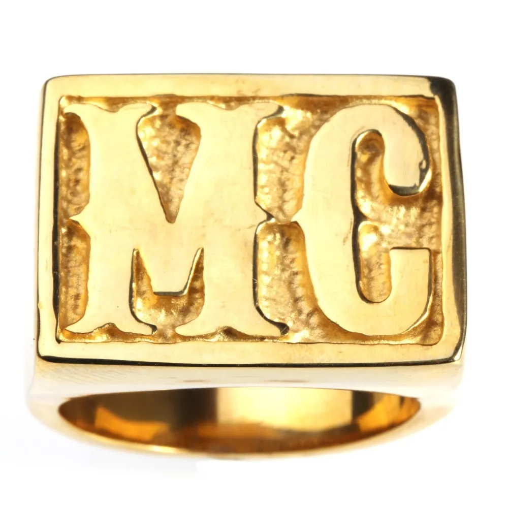 Punk Golden Tone Carved Letter MC Signet Rock N Roll Mens Boys 316L Stainless Steel Ring