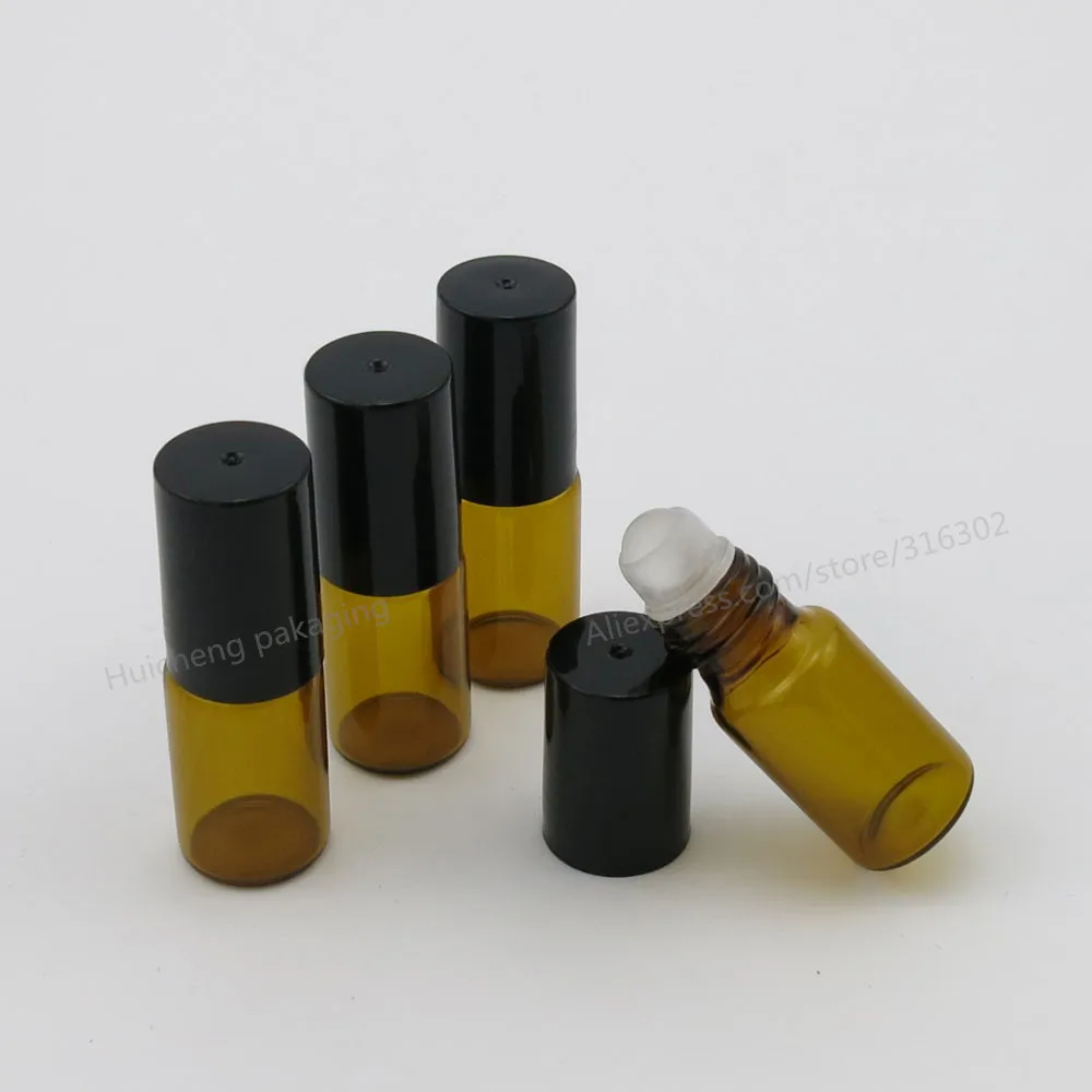 50 x 3ml Empty  Small Amber glass roll on bottle 3cc Mini glass roll-on Perfume Container  with Plastic Lids Glass Ball