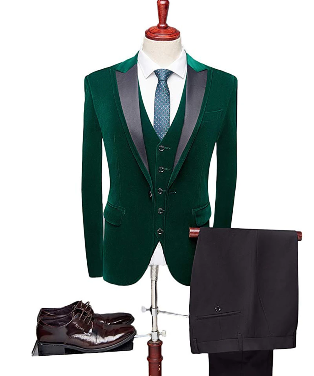 

Mens suit Customized velvet Wine Red Pant Suits Business Office Green Tuxedos Formal Work Wear Suit 3 Set(Blazer+Vest+Pants+Tie)