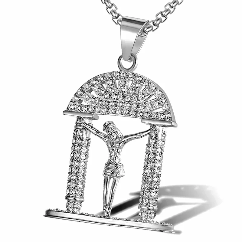 Hip Hop Bling Ice Out Stainless Steel INRI Crucifix Jesus Piece Heaven Gate Pendants Necklaces for Men Rapper Jewelry