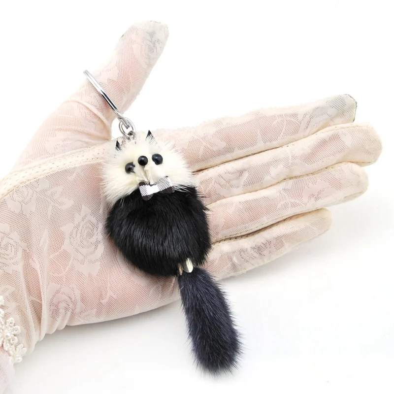 Cute Fluffy Raccoon Key Chain Women Bag Charms Genuine Mink Fur Pompom Bear Key Ring Pompon Toy Plush Doll Car Key Holder Gift