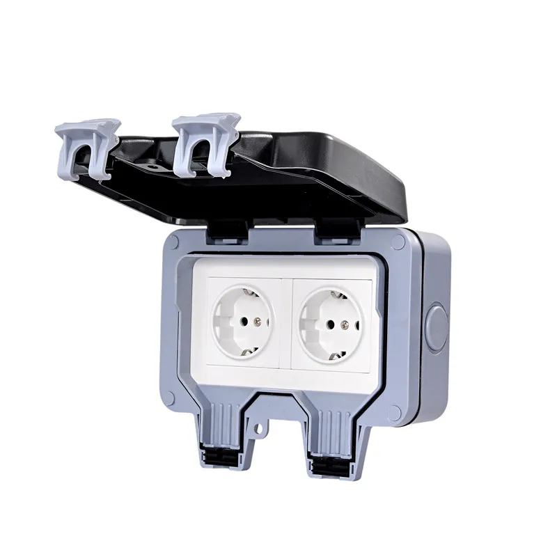 

European 16A 250V IP66 EU outdoor power socket white German two-bit waterproof socket Germany cable outlet with cover