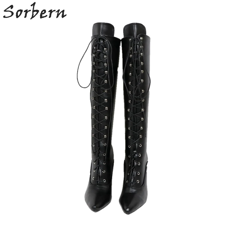 Sorbern Mode Kniehohe Stiefel Für Frauen Lace Up Nach Breite Fit Kalb Stiefel Frauen Schuhe Größe 42 Große Größe harte Welle Boot