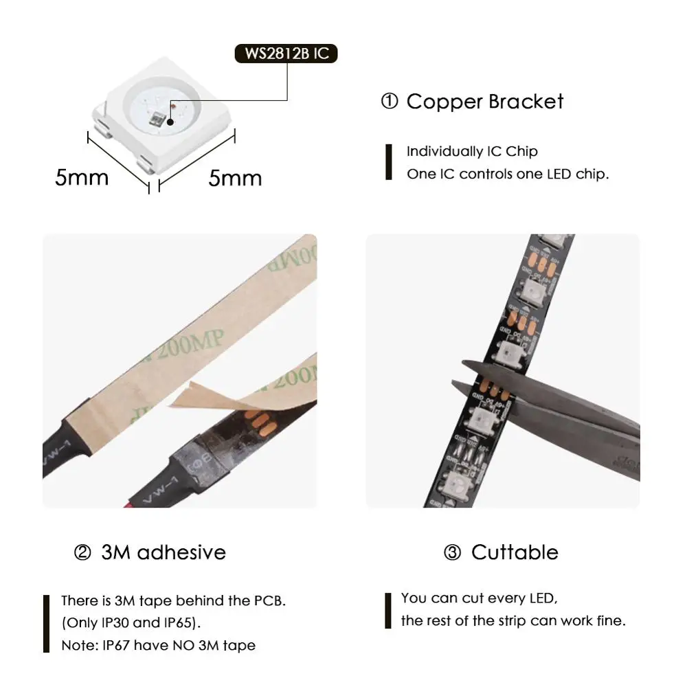 WS2812B LED Strip DC 5V Black White PCB Smart Addressable Pixel WS2812 IC 30/60/144 LEDs 17Key Bar RGB 50CM 1M 2M 3M 4M 5M