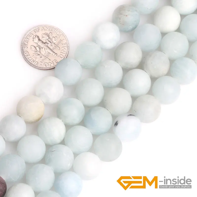 Selectable size: 6/8/10/12mm GEM-inside 1.5mm-2mm Big Hole Natural Round Blue Aquamarines Matte Beads For Jewelry Making15Inches