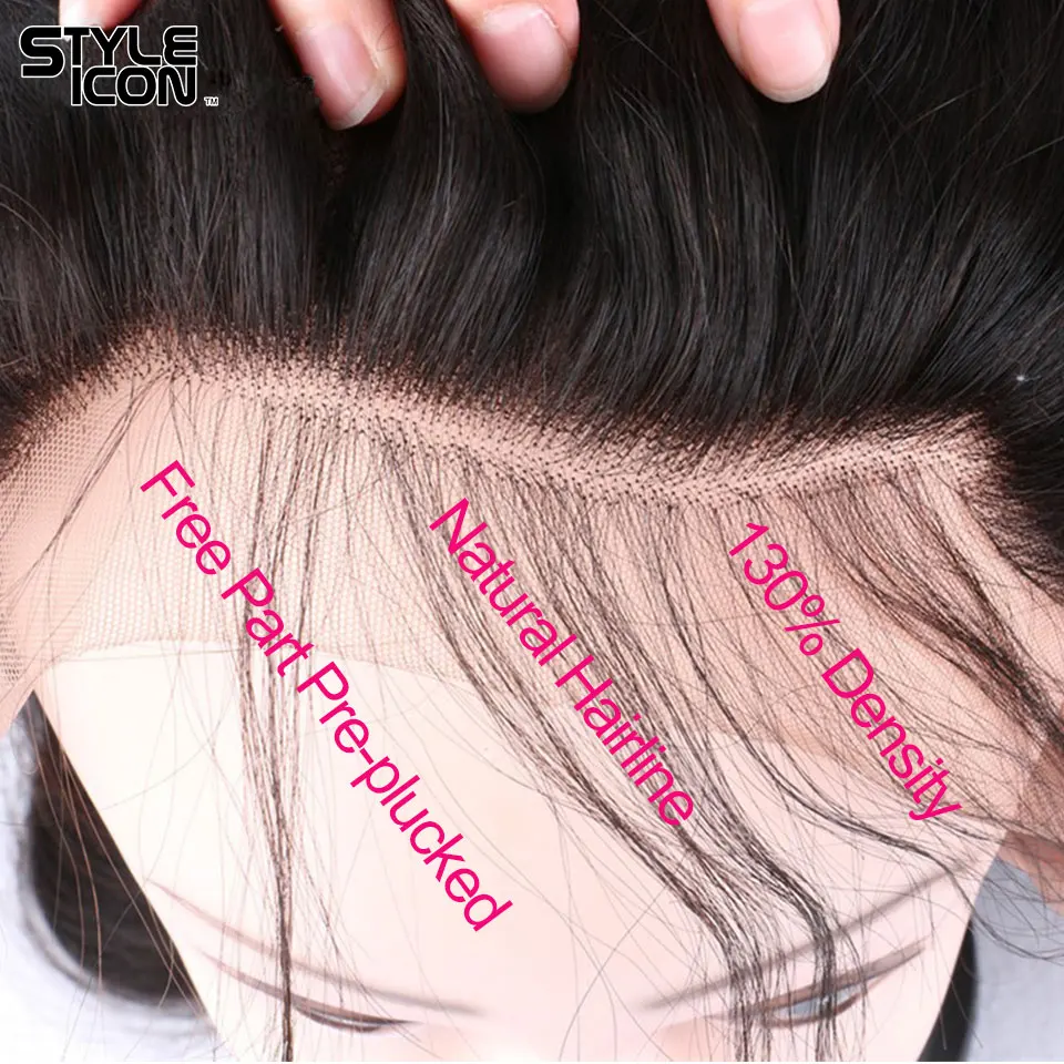 Styleicon-aplique lace front ondulado malaia, mechas de cabelo humano com renda frontal.