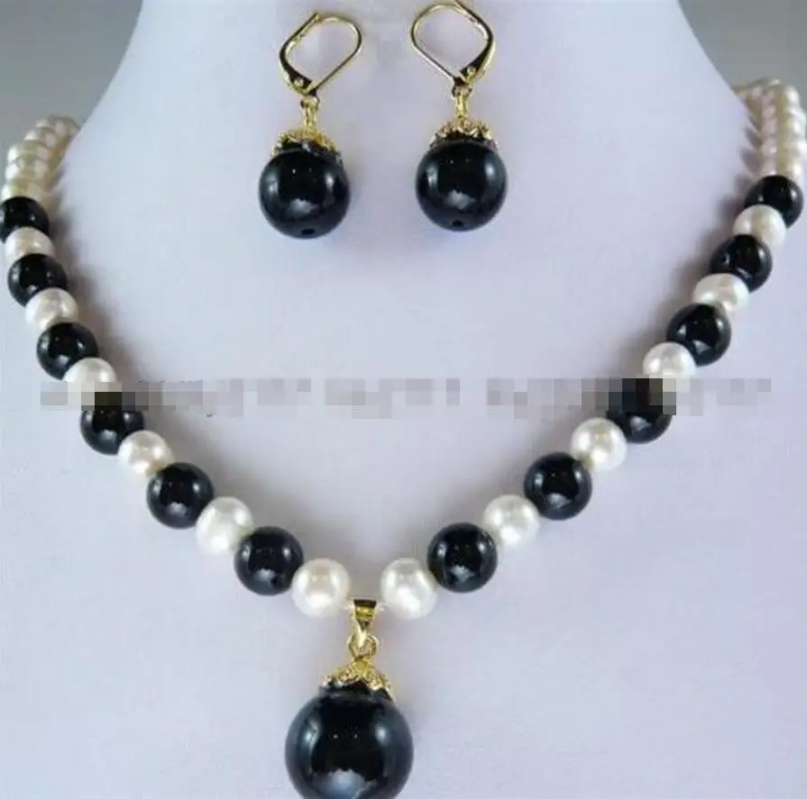 Hot selling free shipping*****charming! 7-8MM White Pearl &Black Necklace Earring Set 18