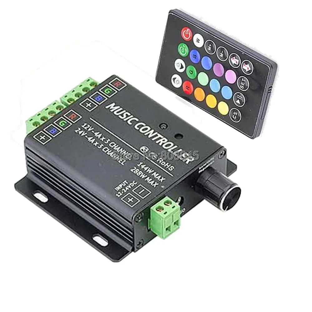 

DC12V 24V 12A 4Ax3CH 2-port Music Active RGB Controller with 24Key IR Wireless Remote for 5050 3528 2835 RGB LED Strip