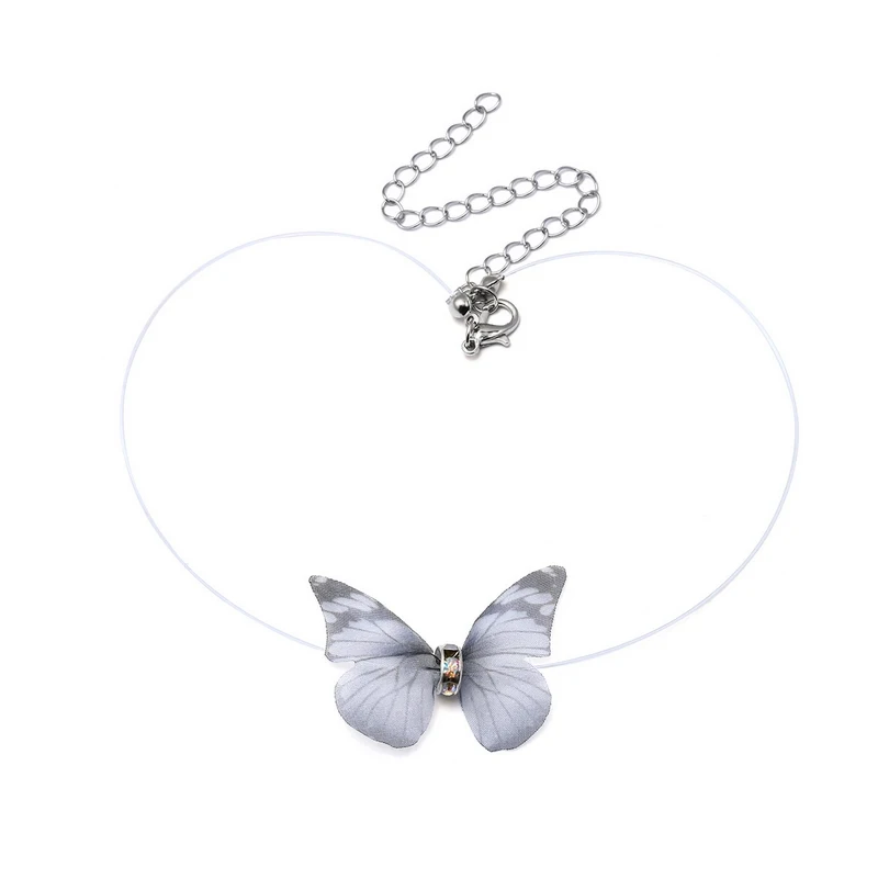 Fancy Colorful Yarn Butterfly Crystal Necklace Women Cute Girls Invisible Fishline Chain Choker Jewelry Party Girlfriend Gift