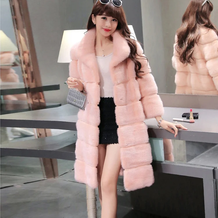 Fashion Women Winter Faux Fur coats Warm Plus Size Jacket Outwear femme Streetwear Stand Collar Stripe  Long Fur Coat Pink