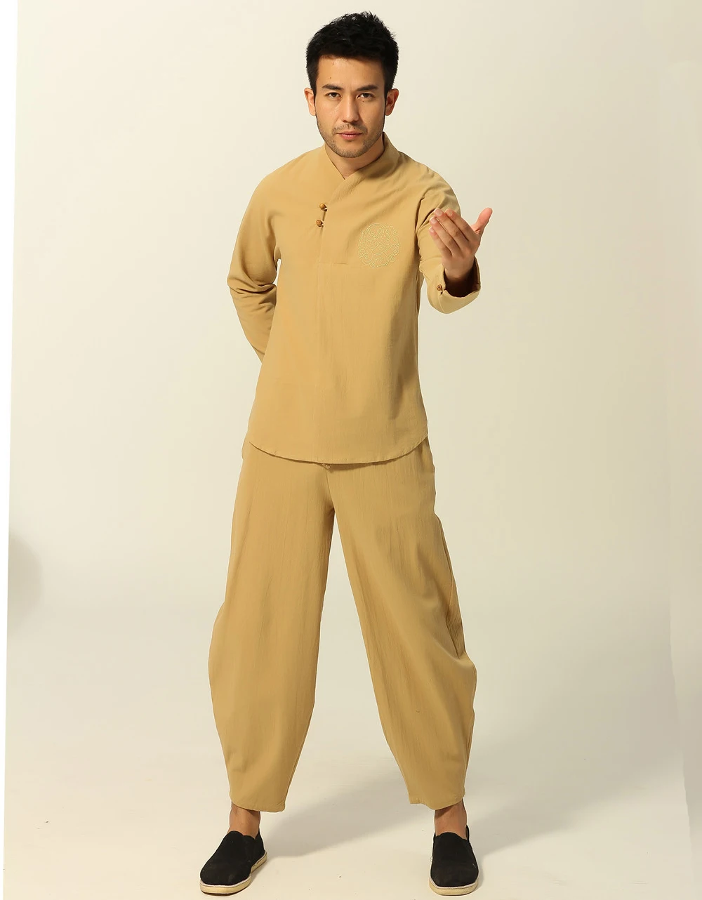 New Arrival Chinese Men's Cotton Kung Fu Suit Tai Chi Wushu Sets Long Sleeve Shirt&Loose Full Length Pants Trousers Size M-XXXL