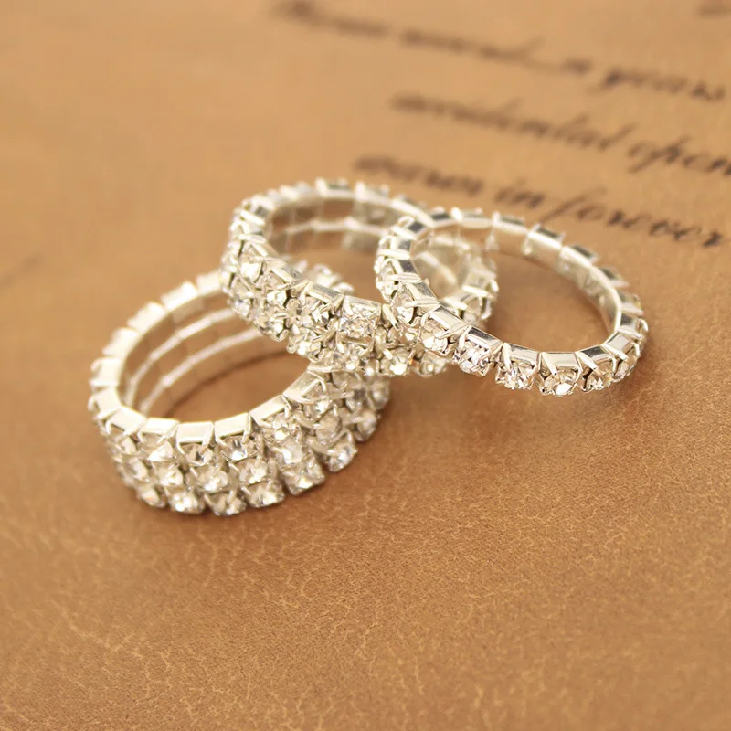 3 Sizes Multi-Layer Full Shiny Clear Crystal Joint Elastic Twinkling Rings For  Women